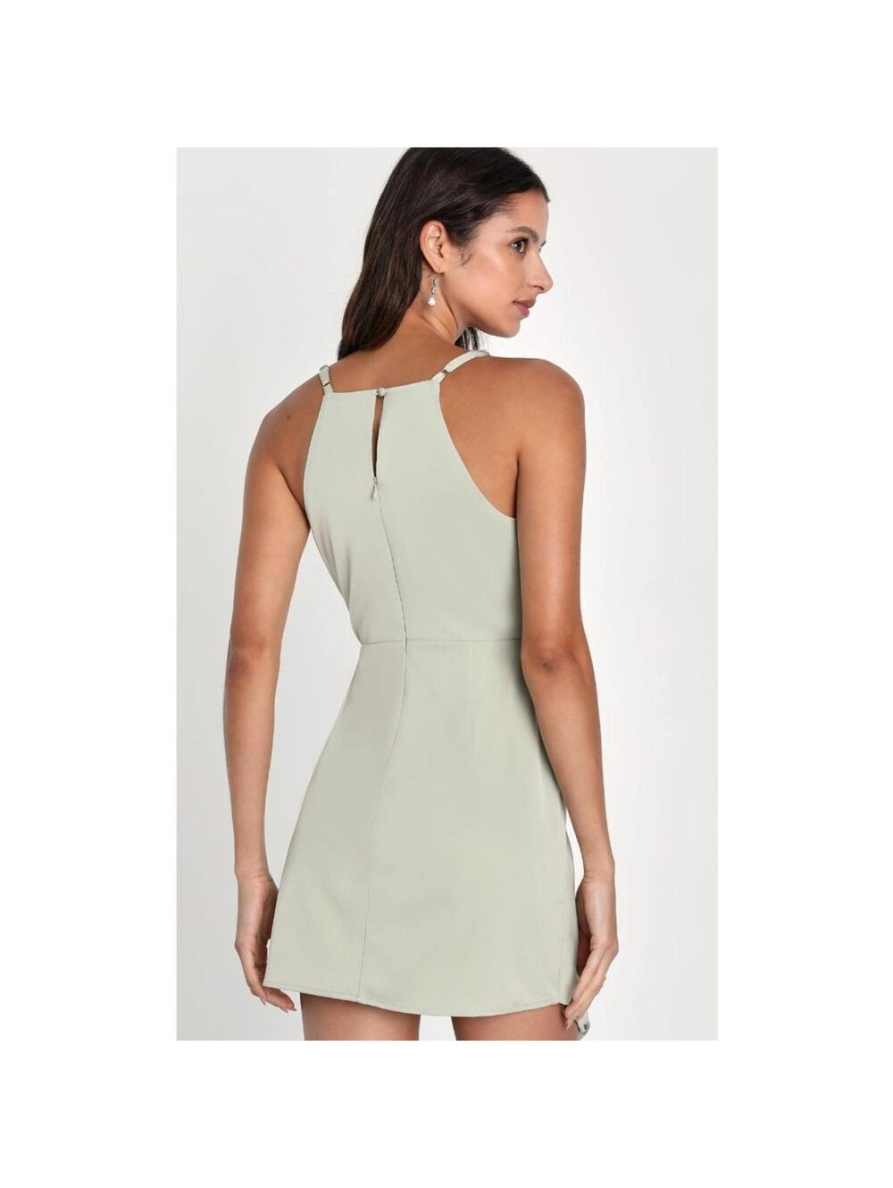 Lulus-What a Stunner Sage Green Satin Asymmetrical Mini Dress XS New - Picture 2 of 3